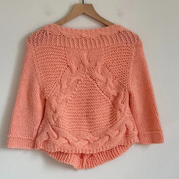 Free People Heavy Knit Cropped Cardigan Sweater Pink Apricot Gingham Button Up M - Picture 8 of 8